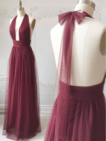 A Line Halter Neck Backless Burgundy Prom Dresses, Backless Burgundy Formal Dresses, Burgundy Evening Dresses