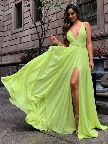 V Neck Bright Yellow Chiffon Long Prom Dresses with Slit, V Neck Bright Yellow Formal Dresses, V Neck Yellow Bridesmaid Dresses