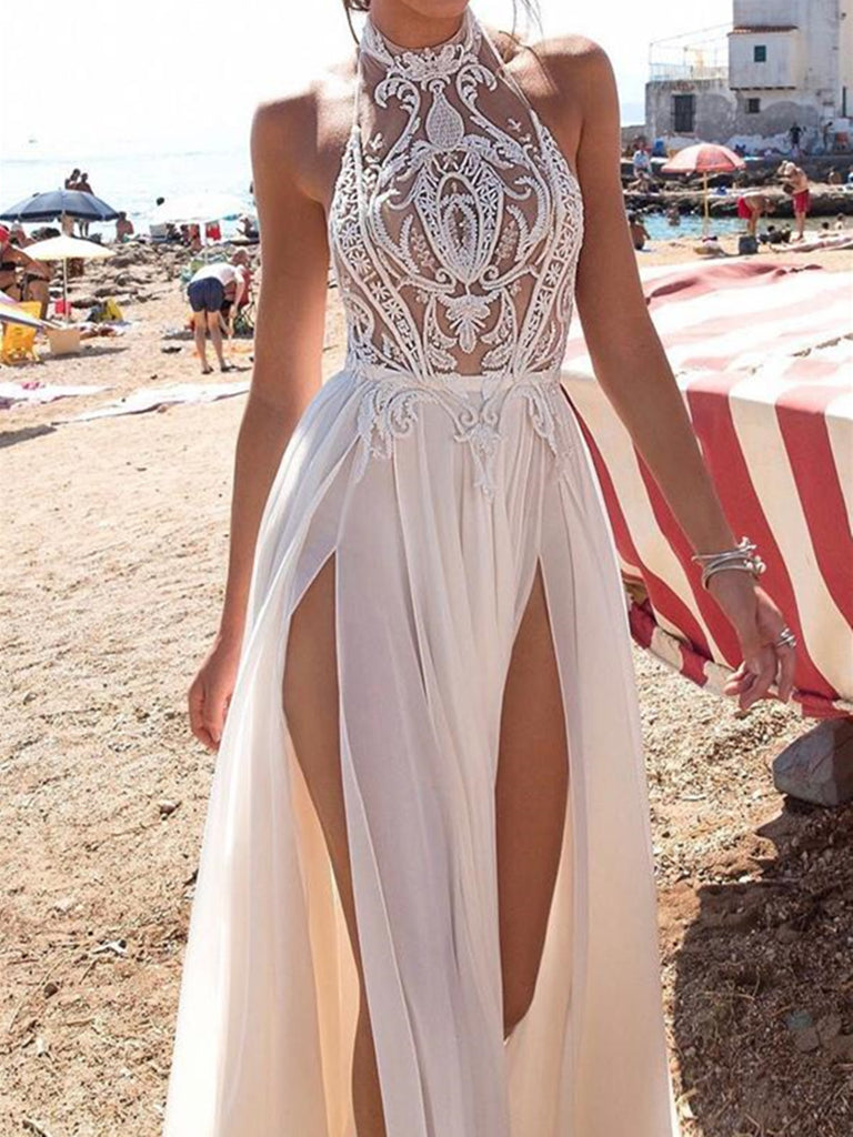 A Line White Lace Simple Wedding Dresses with Leg Slit,  Sexy Halter Floor-length Appliques Bridal Gowns 