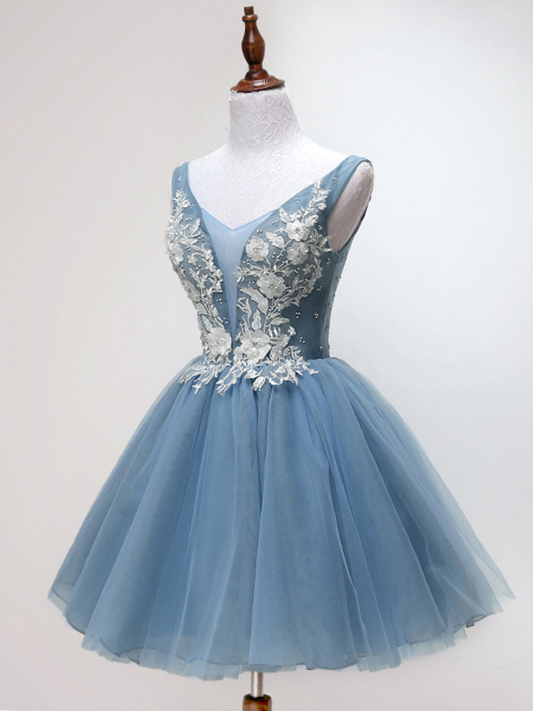 Blue Short Lace Tulle Homecoming Dresses, Lovely Short Prom Dress 2019 morievent Blue Short Lace Tulle Homecoming Dresses, Lovely Short Prom Dress 2019 morievent