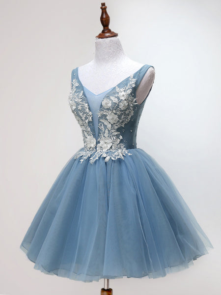 Blue Short lace Tulle Homecoming Dresses, Lovely Short Prom Dress 2019