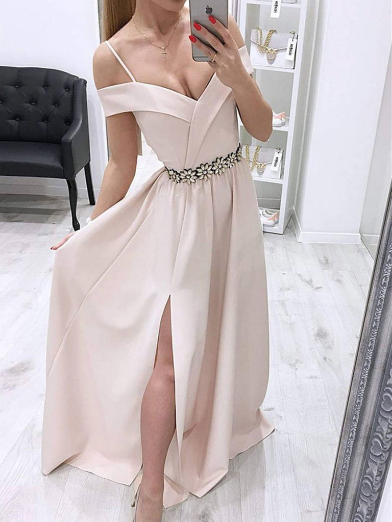 Unique Off Shoulder Long Prom Dress With Side Split, Off The Shoulder Long Evening Dress