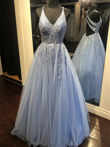 A Line V Neck Blue Lace Tulle Long Prom Dresses, A Line V Neck Blue Lace Tulle Long Formal Evening Dresses