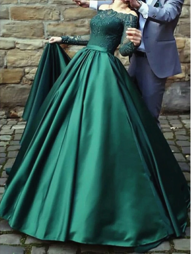 Long Sleeves Green Lace Long Prom Dresses, Emerald Green Lace Formal Evening Dresses