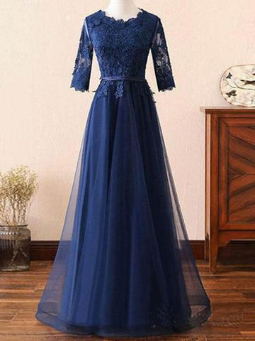 A-line navy blue lace long prom dress with mid sleeves, Navy blue lace formal evening dress