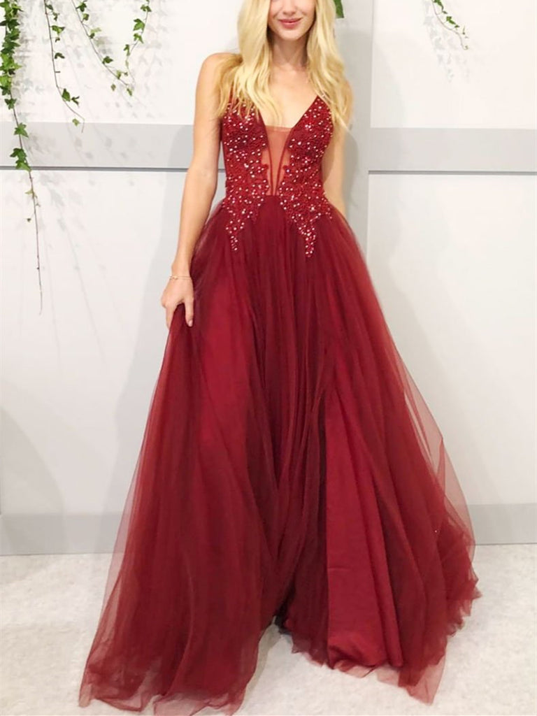 V neck burgundy lace tulle long prom dress, Burgundy beaded formal evening dress