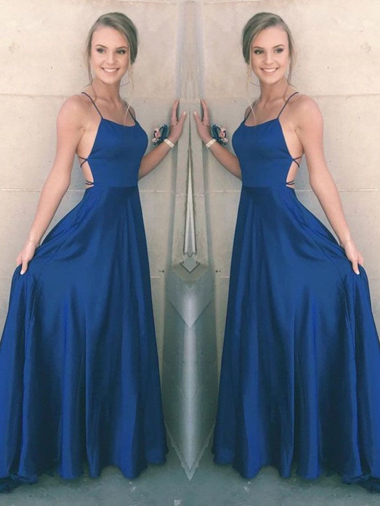 A Line Spaghetti Straps Backless Satin Royal Blue Long Prom Dresses, Royal Blue Formal Graduation Dresses