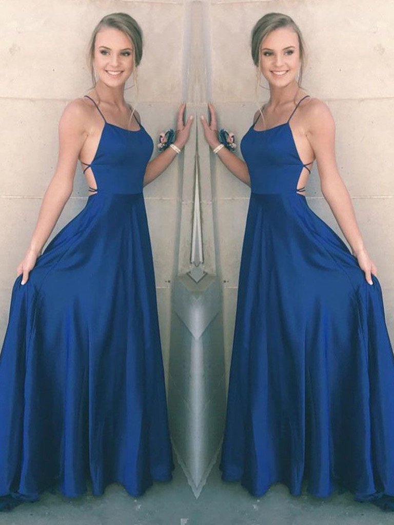 A Line Spaghetti Straps Backless Satin Royal Blue Long Prom Dresses, Royal Blue Formal Graduation Dresses