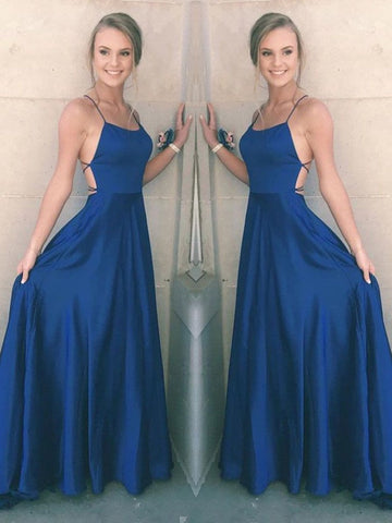 A Line Spaghetti Straps Backless Satin Royal Blue Long Prom Dresses, Royal Blue Formal Graduation Dresses
