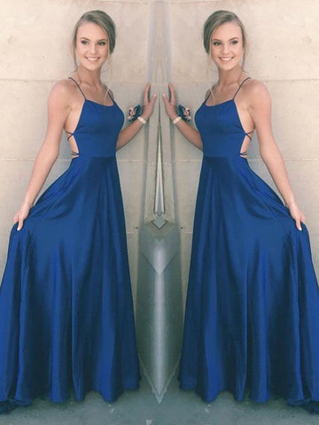 A Line Spaghetti Straps Backless Satin Royal Blue Long Prom Dresses, Royal Blue Formal Graduation Dresses