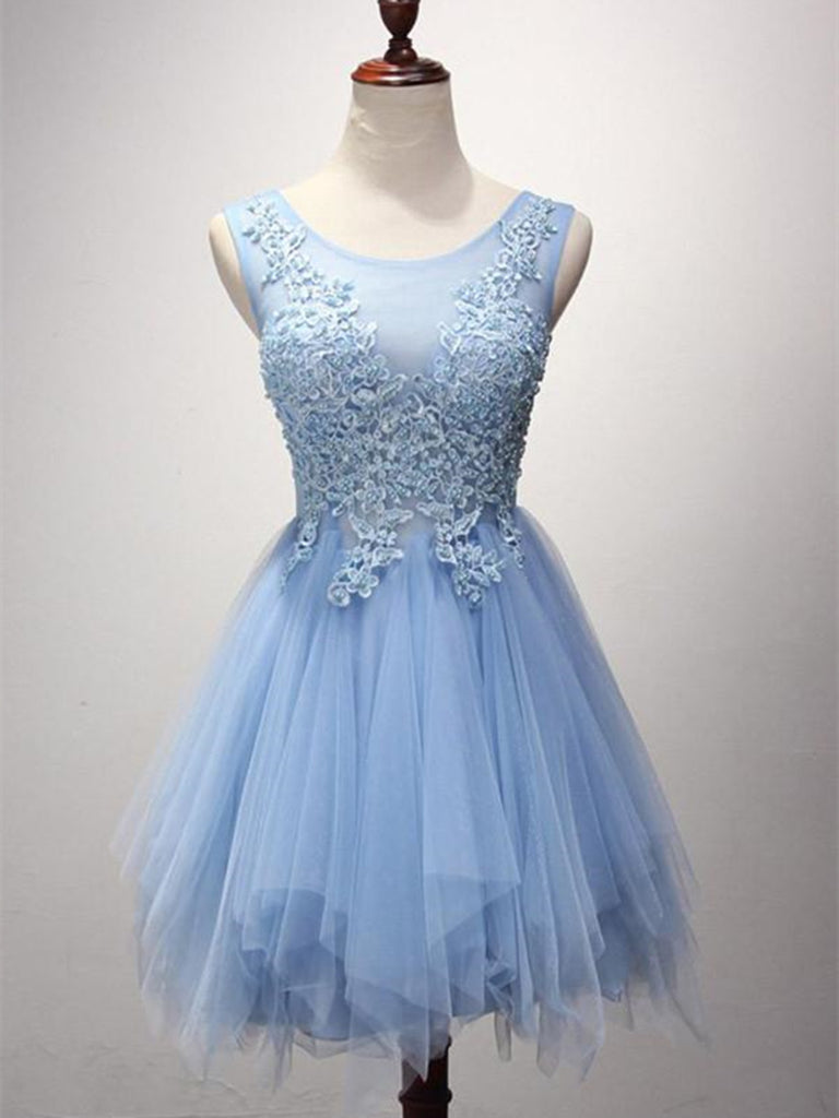 Cute blue lace tulle short homecoming dresses morievent Cute blue lace tulle short homecoming dresses morievent