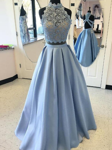 Blue A Line Lace Prom Dress With Cross Back, Blue Lace Two Piece Formal Evening Dress