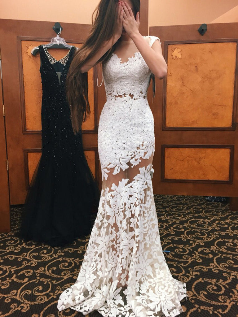 White Lace Mermaid Prom Dress, White Lace Mermaid Formal Evening Dress