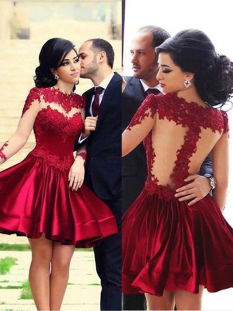 Burgundy lace long sleeves short homecoming dress, Burgundy lace prom morievent Burgundy lace long sleeves short homecoming dress, Burgundy lace prom morievent