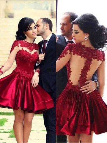 Burgundy lace long sleeves short homecoming dress, Burgundy lace prom dress