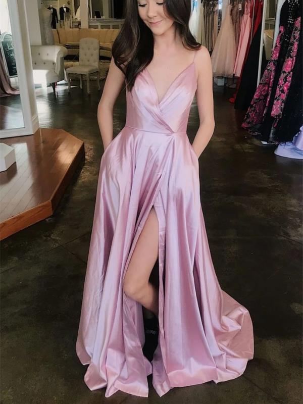 A Line V Neck Pink Satin Long Prom Dresses With Leg Slit, Pink Formal morievent A Line V Neck Pink Satin Long Prom Dresses With Leg Slit, Pink Formal morievent