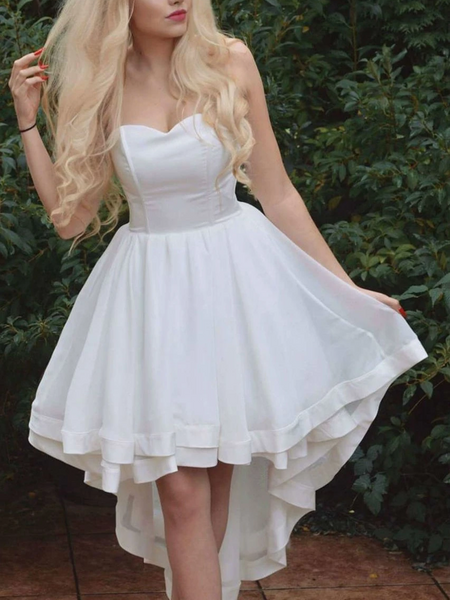 A Line Strapless White High Low Prom Dresses, High Low White Strapless Formal Evening Dresses