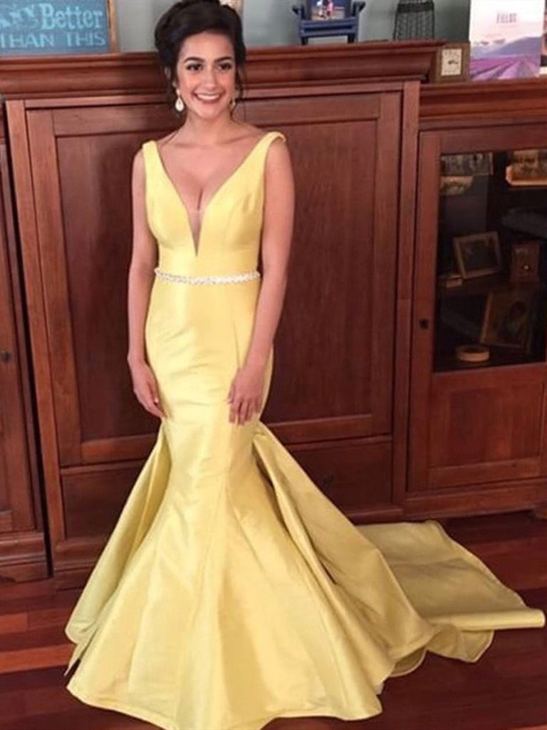 V Neck Yellow Satin Mermaid Prom Dress With Sweep Train, V Neck Yellow morievent V Neck Yellow Satin Mermaid Prom Dress With Sweep Train, V Neck Yellow morievent