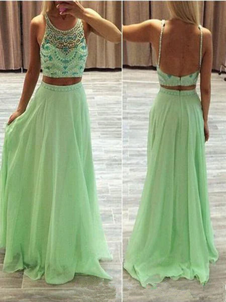 Custom Made 2 Pieces Round Neck Backless Green Prom Dresses, 2 Pieces Formal Dresses