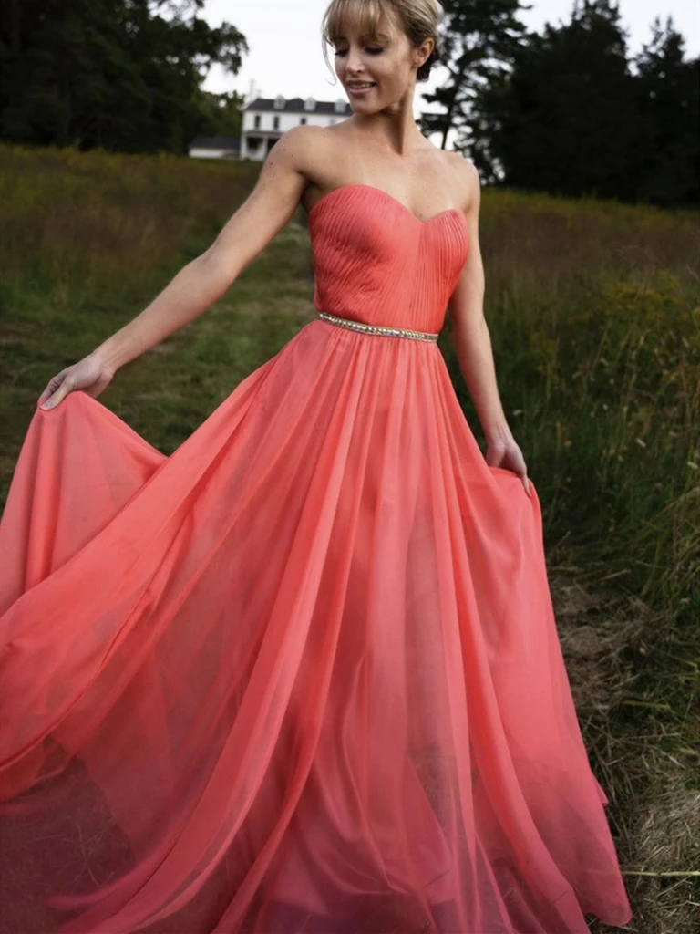 A Line Strapless Chiffon Coral Long Prom Dresses, Coral Long Chiffon Formal Evening Dresses
