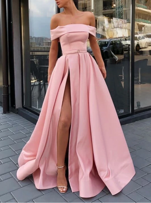 Pink Off Shoulder Satin Long Prom Dresses With High Slit, Pink Formal Dresses, Evening Dresses