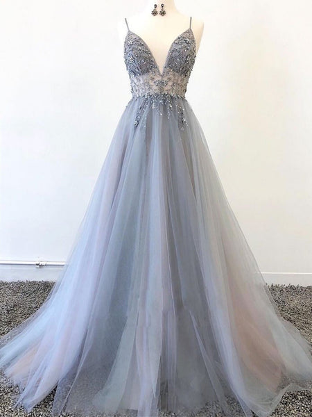 V Neck Gray Tulle Beads Long Prom Dress, Gray Tulle Beads Evening Dress