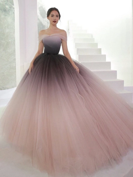 Off Shoulder Ombre Tulle Long Prom Gown, Off The Shoulder Ombre Tulle Formal Prom Evening Dresses