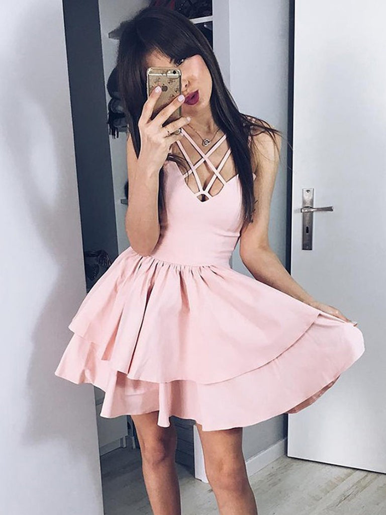 V Neck Pink Short Prom Dresses, V Neck Pink Short Homecoming Graduatio morievent V Neck Pink Short Prom Dresses, V Neck Pink Short Homecoming Graduatio morievent
