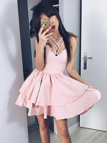 V Neck Pink Short Prom Dresses, V Neck Pink Short Homecoming Graduation Dresses