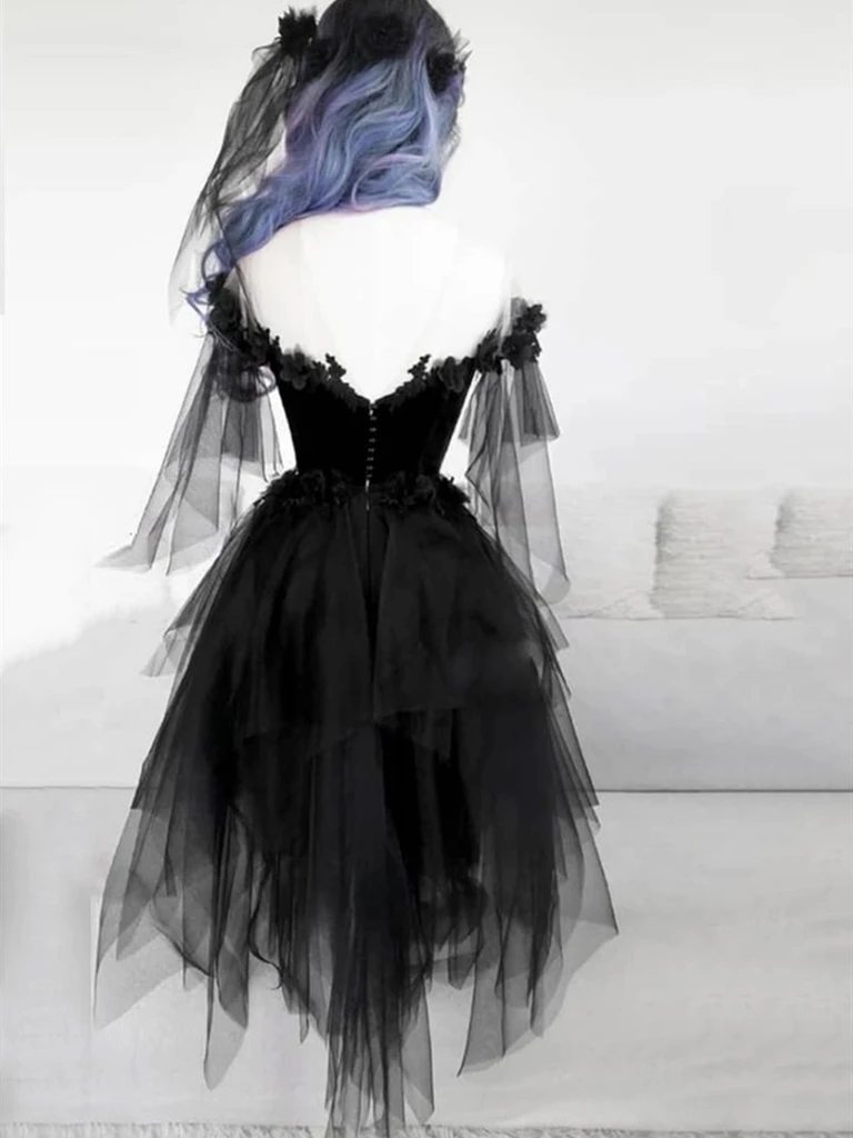 Cute Black Lace Off Shoulder Short Prom Dresses, Black Lace Off The Sh morievent Cute Black Lace Off Shoulder Short Prom Dresses, Black Lace Off The Sh morievent