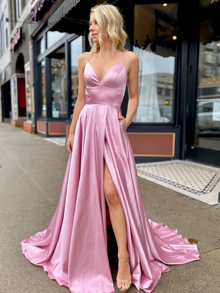 V Neck Pink Backless Spaghetti straps Satin Long Prom Dresses with High Side Slit, V Neck Backless Pink Formal Evening Dresses with Pockets