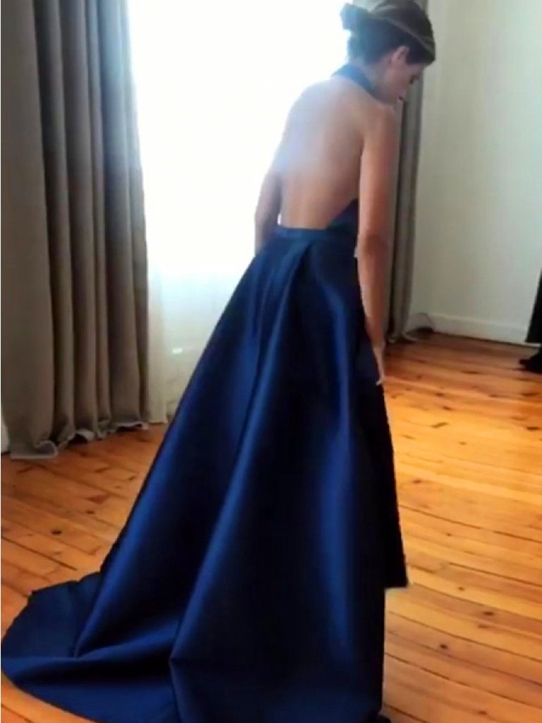 A Line Halter V Neck Backless Royal Blue Prom Dresses with High Slit, morievent A Line Halter V Neck Backless Royal Blue Prom Dresses with High Slit, morievent