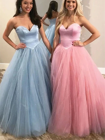 Sweetheart Blue/Pink Tulle Long Prom Dresses, Sweetheart Blue/Pink Tulle Long Formal Evening Dresses