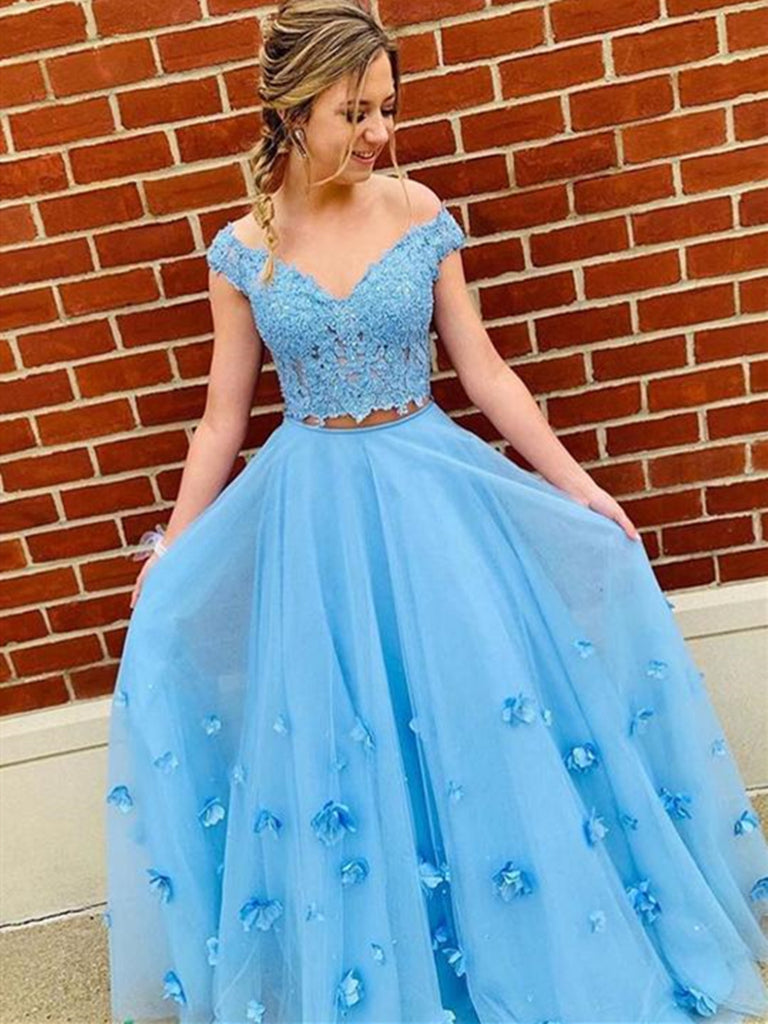 Blue Tulle Floral Lace Off Shoulder Long Prom Dress, Blue Tulle Lace O morievent Blue Tulle Floral Lace Off Shoulder Long Prom Dress, Blue Tulle Lace O morievent