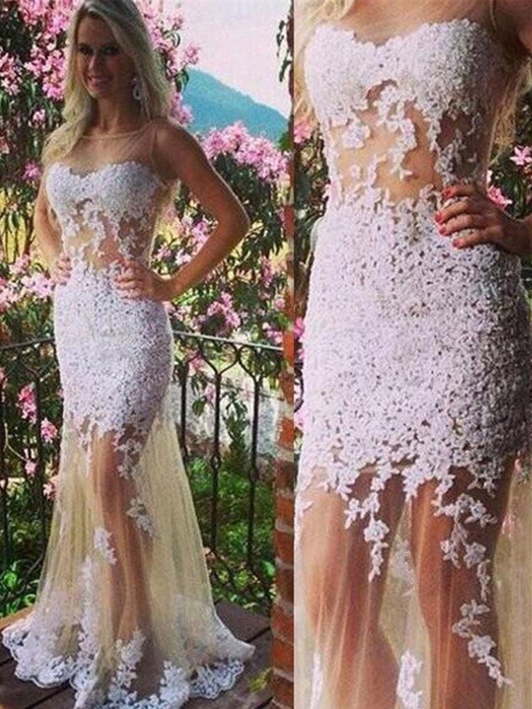 Mermaid Round Neck Tulle Sleeveless Floor-Length Prom Dresses, Mermaid White Lace Formal Evening Dresses