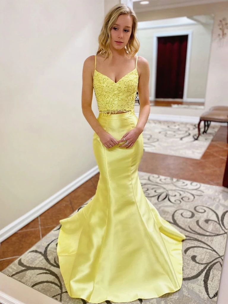 V Neck Yellow Two Pieces Mermaid Lace Prom Dresses, 2 Pieces Mermaid Yellow Lace Formal Evening Dresses
