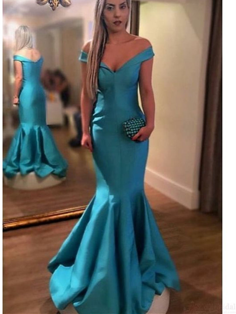Turquoise off shoulder mermaid long satin prom dresses,  Off shoulder mermaid formal evening dress
