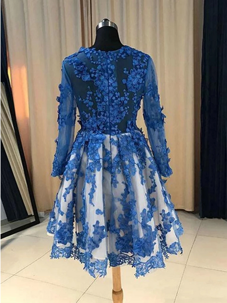 Long Sleeves  Blue Lace Short Prom Dresses, Short Blue Lace Formal Homecoming Graduation Dresses