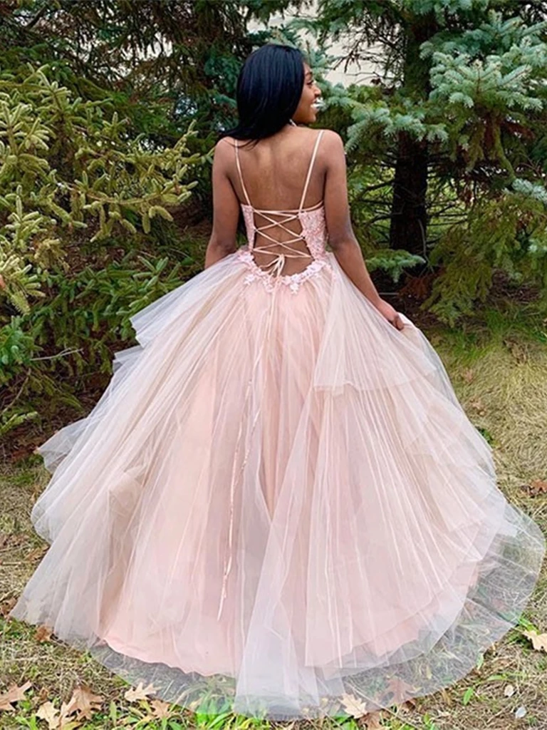 V Neck Tulle Lace Appliques Pink Long Prom Dresses, V Neck Pink Lace F morievent V Neck Tulle Lace Appliques Pink Long Prom Dresses, V Neck Pink Lace F morievent