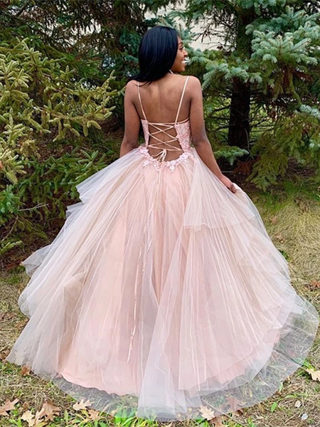 V Neck Tulle Lace Appliques Pink Long Prom Dresses, V Neck Pink Lace Formal Dresses, Pink Lace Evening Dresses
