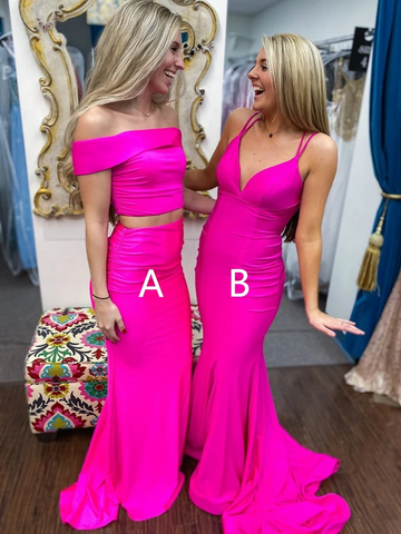 Off Shoulder Two Pieces Mermaid Hot Pink Prom Dresses, V Neck Mermaid Hot Pink Long Prom Dresses, Off The Shoulder 2 Pieces Formal Evening Dresses