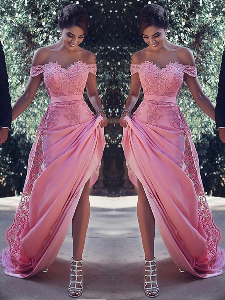 Pink lace Off-the-Shoulder long  Bridesmaid Dress, Pink lace Off-the-Shoulder prom dress