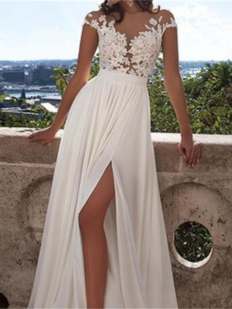 Custom Made Round Neck White Lace Appliques Chiffon Prom Evening Party Dress With Side Slit