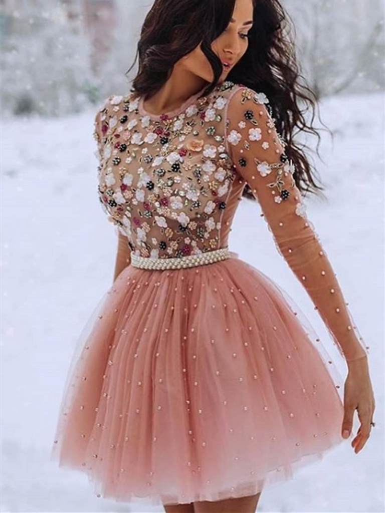 Blush Pink Short Prom Dresses 3D Flowers Beaded Formal Dresses, Pink Short Homecoming Dresses