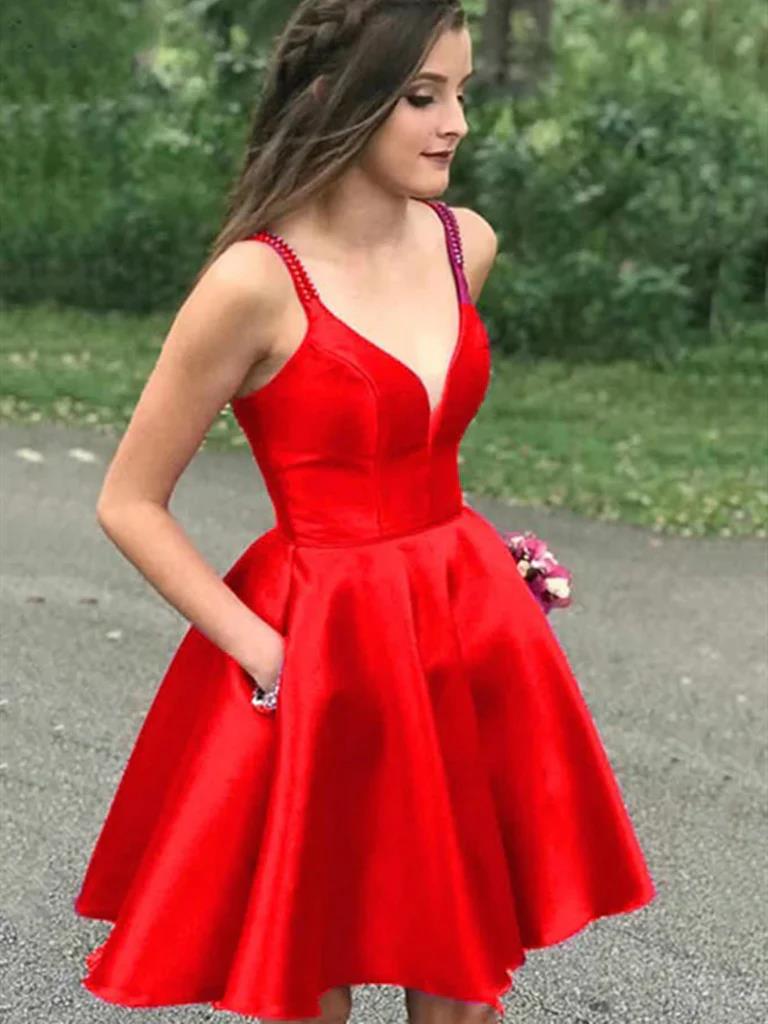 A Line V Neck Short Red Satin Prom Dresses, Short Red Formal Homecoming Dresses