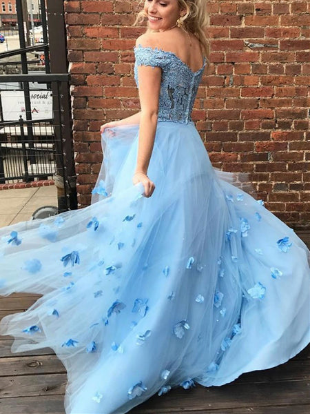 Blue Tulle Lace Off Shoulder Long Prom Dress, Blue Tulle Lace Off The Shoulder Long Formal Evening Dress
