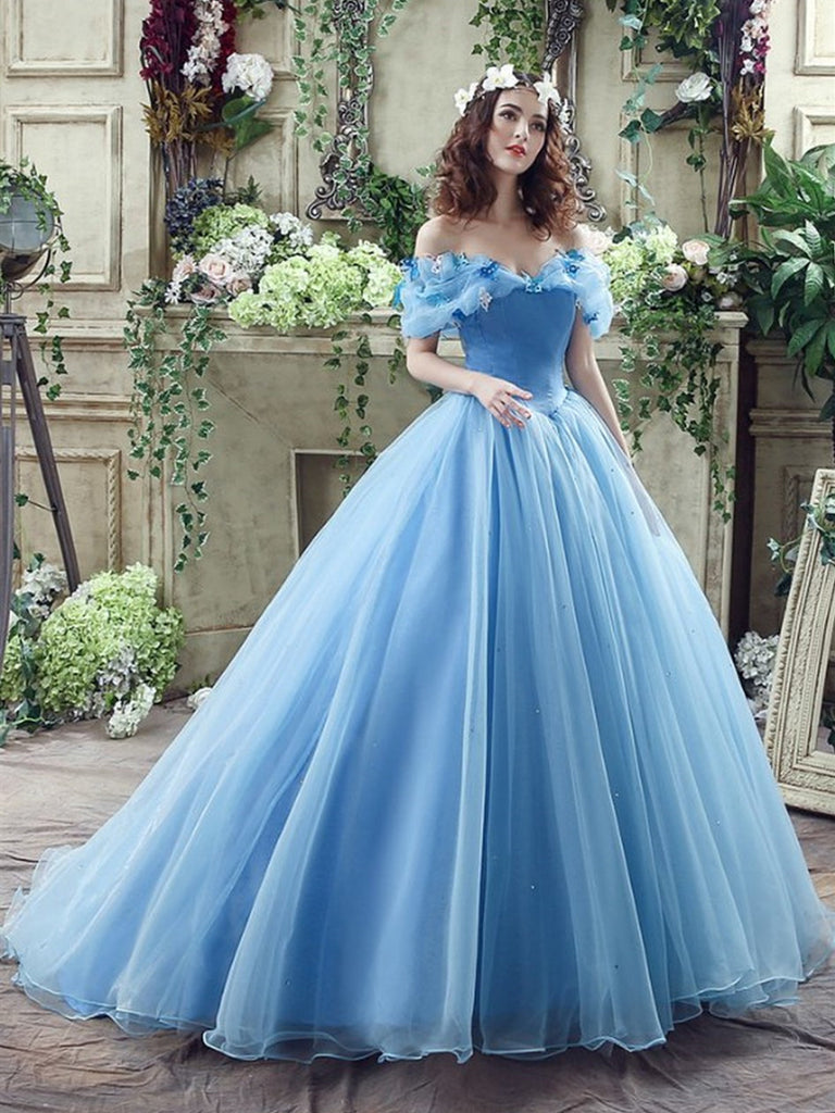 Blue Off The Shoulder Long Prom Dress With Butterfly, Blue Off Shoulder Long Ball Gowns