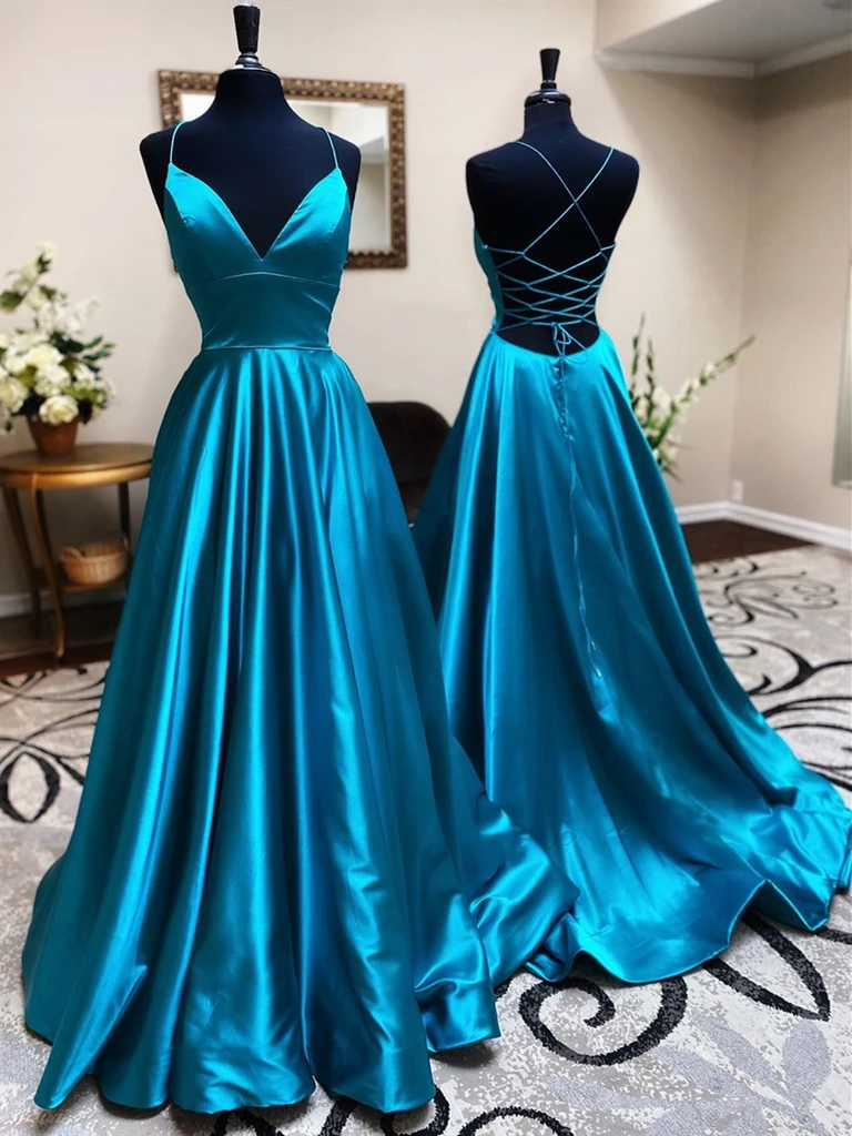 A Line V Neck Open Back Teal Satin Long Prom Dresses, Backless V Neck Blue Formal Evening Graduation Party Dresses A Line V Neck Open Back Teal Satin Long Prom Dresses, Backless V Neck Blue Formal Evening Graduation Party Dresses