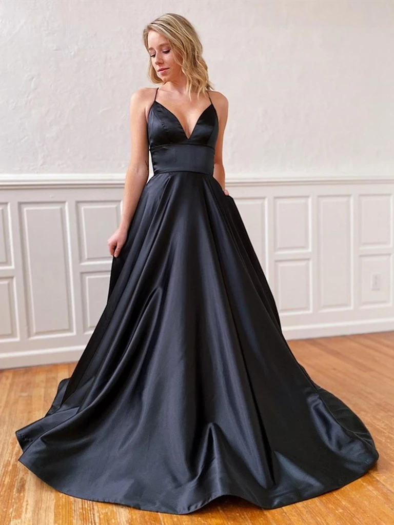 A Line V Neck Black Backless Satin Prom Dresses, Open Back V Neck Black Long Satin Formal Evening Dresses