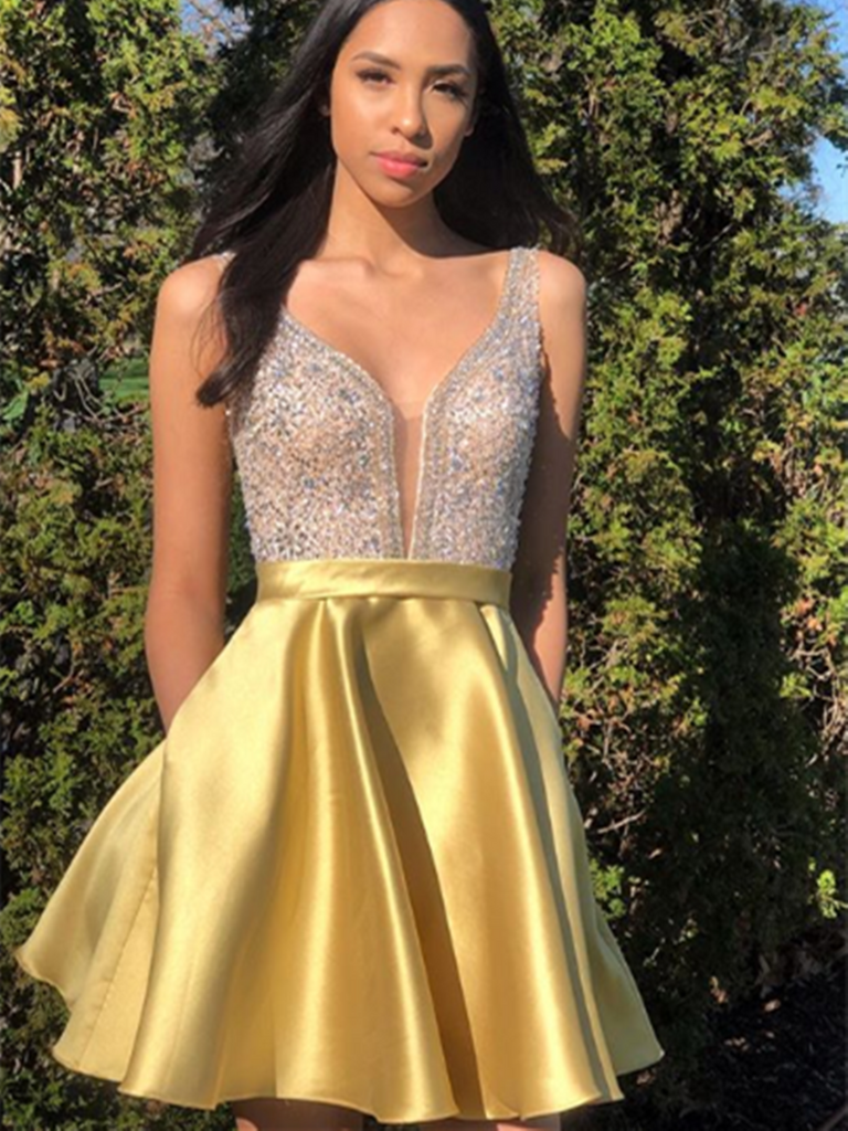 A Line Yellow Beaded Short Prom Dresses, Yellow Beaded Short Formal Ev morievent A Line Yellow Beaded Short Prom Dresses, Yellow Beaded Short Formal Ev morievent